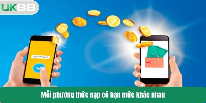 Mỗi phương thức nạp có hạn mức khác nhau